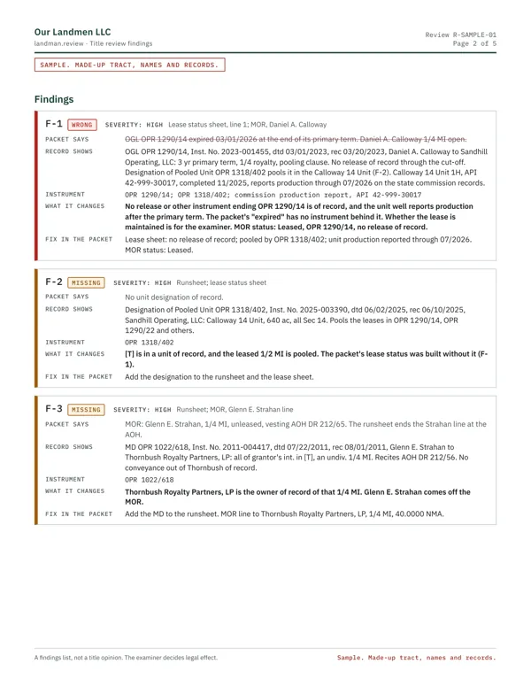 Sample findings list, page 2: findings f-1 to f-3