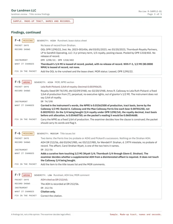 Sample findings list, page 3: findings f-4 to f-7