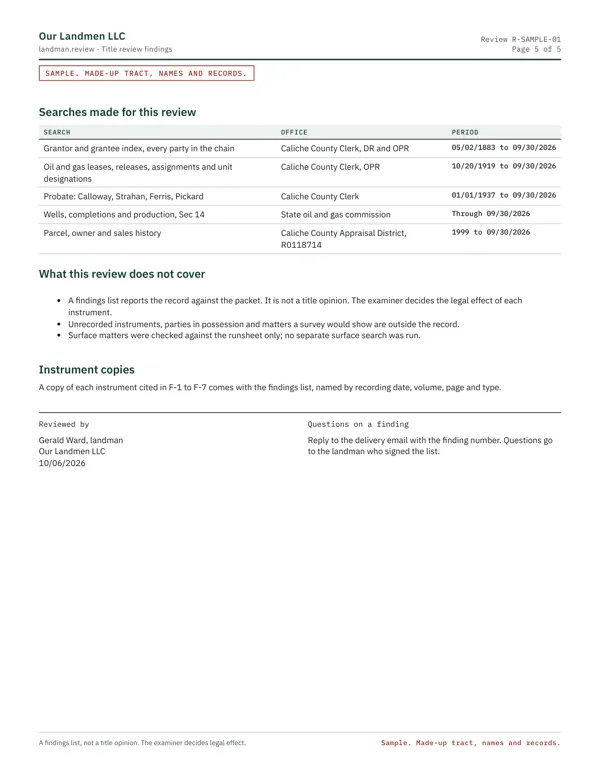 Sample findings list, page 5: searches and sign-off