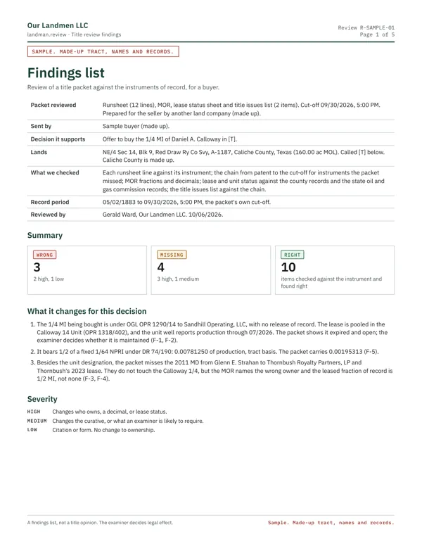 Sample findings list, page 1: summary